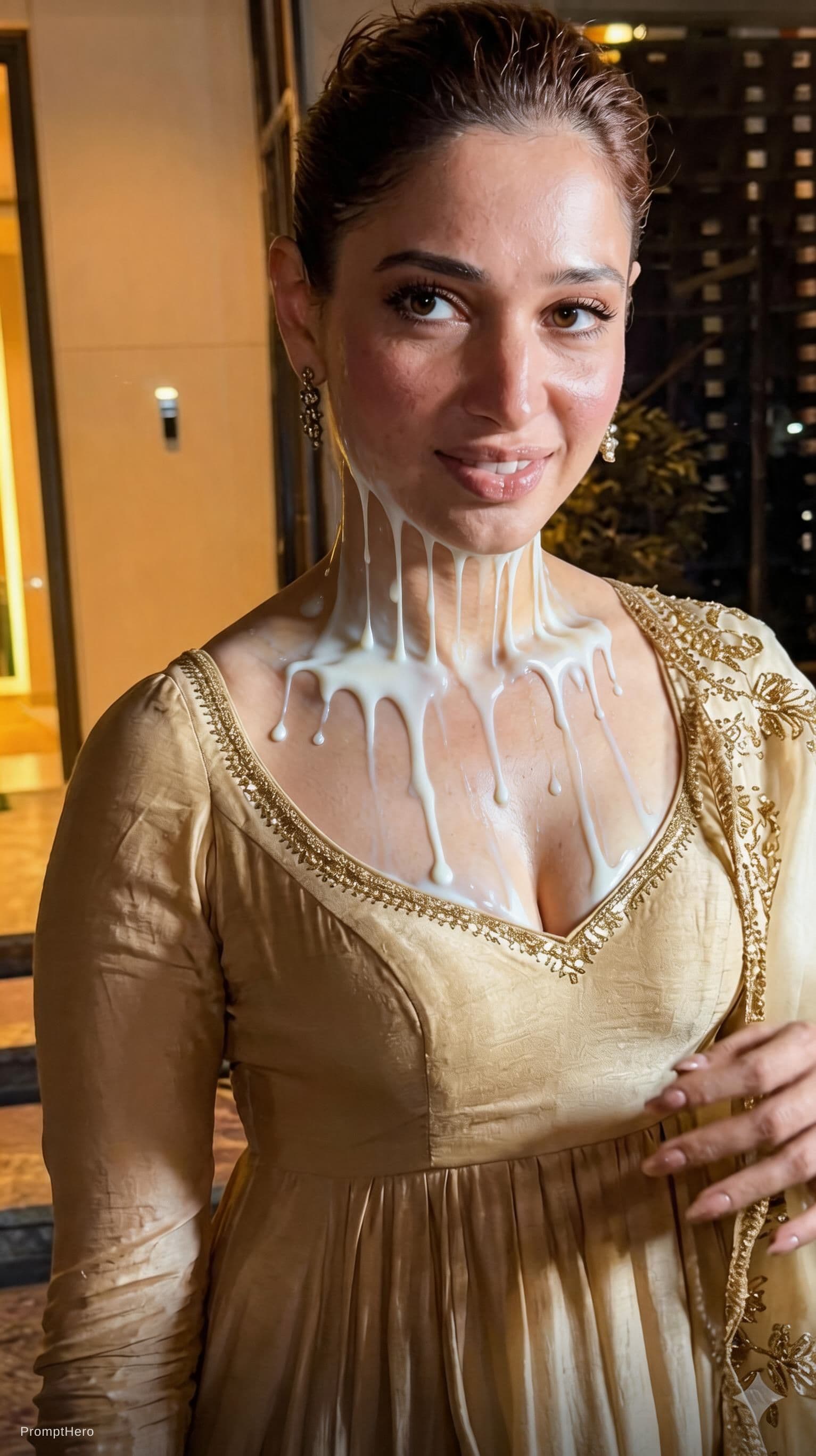 AI generated: Milk drops flowing below the neck 