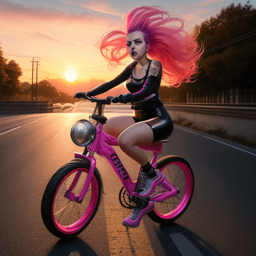 AI generated: A hyper realistic beautiful full body portrait of a Bubblepunk girl making an angry face while ridin...