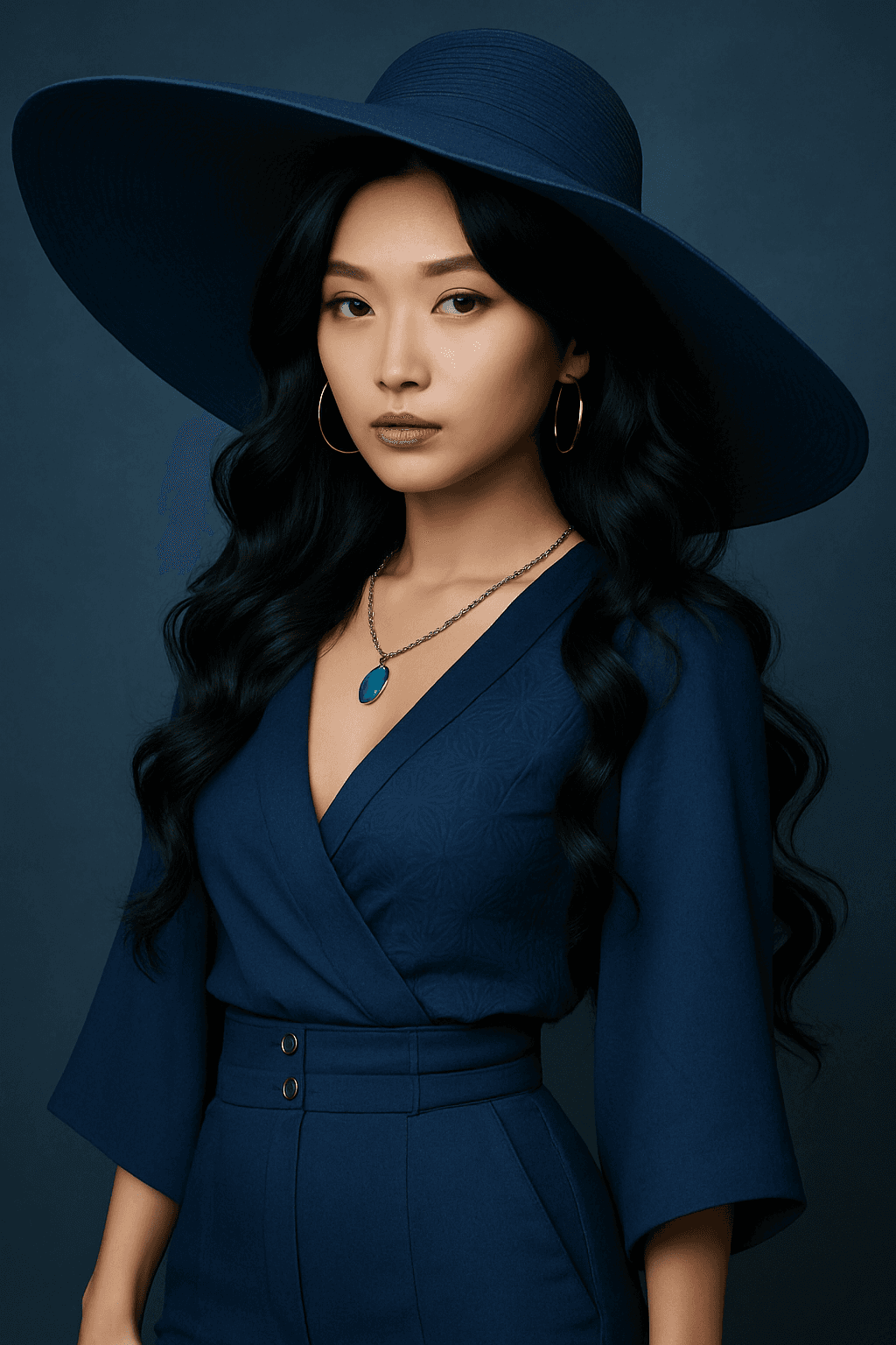 AI generated: Portrait of a woman, black hairs, blue tones