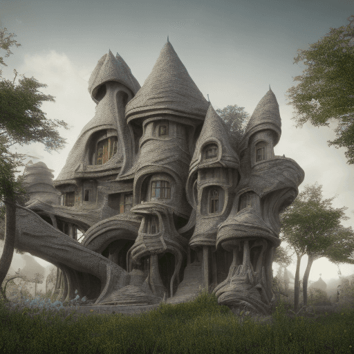 AI generated: , exterior view, twisted house, 3d printed canopy, clay, earth architecture, cavelike interiors, con...