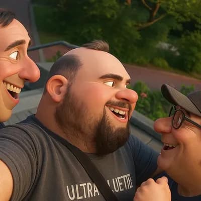 AI generated video: Drei beste Freunde machen gemeinsam ein Selfie im Freien. Sie lachen herzhaft, strahlen vor Freude u...