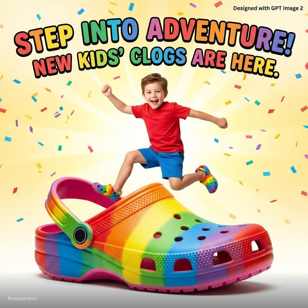AI generated: A vibrant children’s shoe advertisement poster featuring a joyful 7-year-old boy jumping energetical...