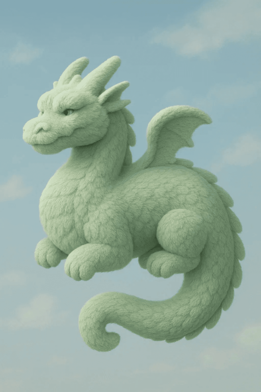 AI generated: A hyper-realistic 3D dragon covered entirely in soft, dense, pastel green fur, gently curved and plu...