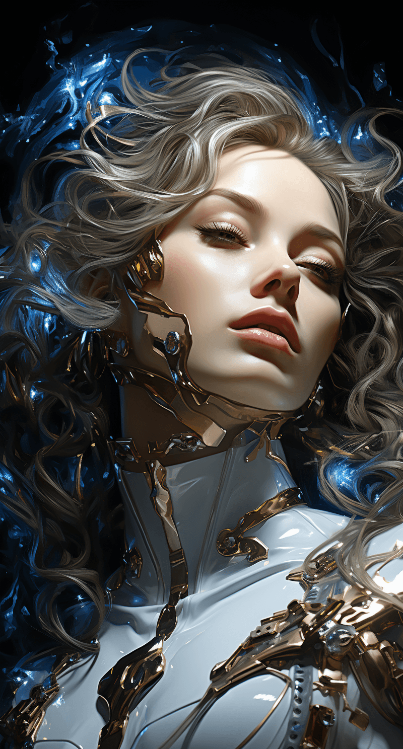 AI generated: the robotic body is framed by some light and stars, in the style of silver and azure, strong facial ...