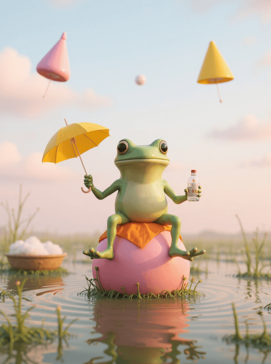 AI generated: A surreal scene featuring a large, green, anthropomorphic frog with a calm expression, sitting on a ...