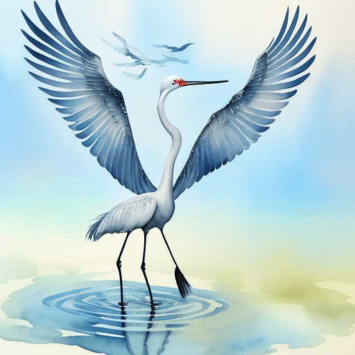 AI generated: Crane bird standing in water looking up at the sky with wings spread, watercolor, painting