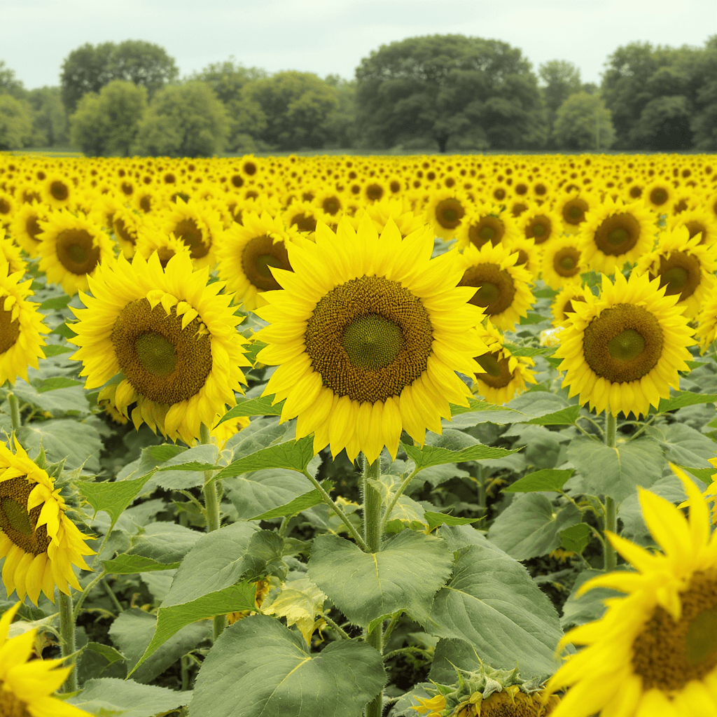 AI generated: group of dancing sunflowers in a field
