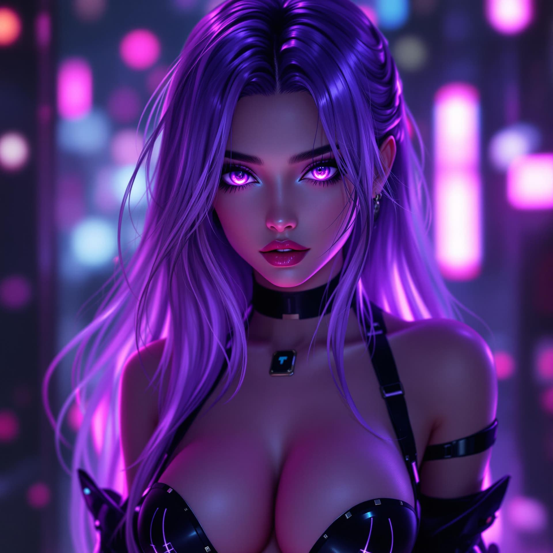 AI generated: A stunning anime-style portrait of a seductive young female character with long, flowing violet-tint...