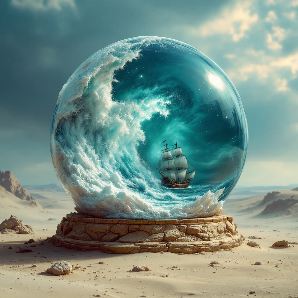 AI generated: snow globe shaped like a cube , on the desert floor, there is a monstrous storm inside with a galleo...