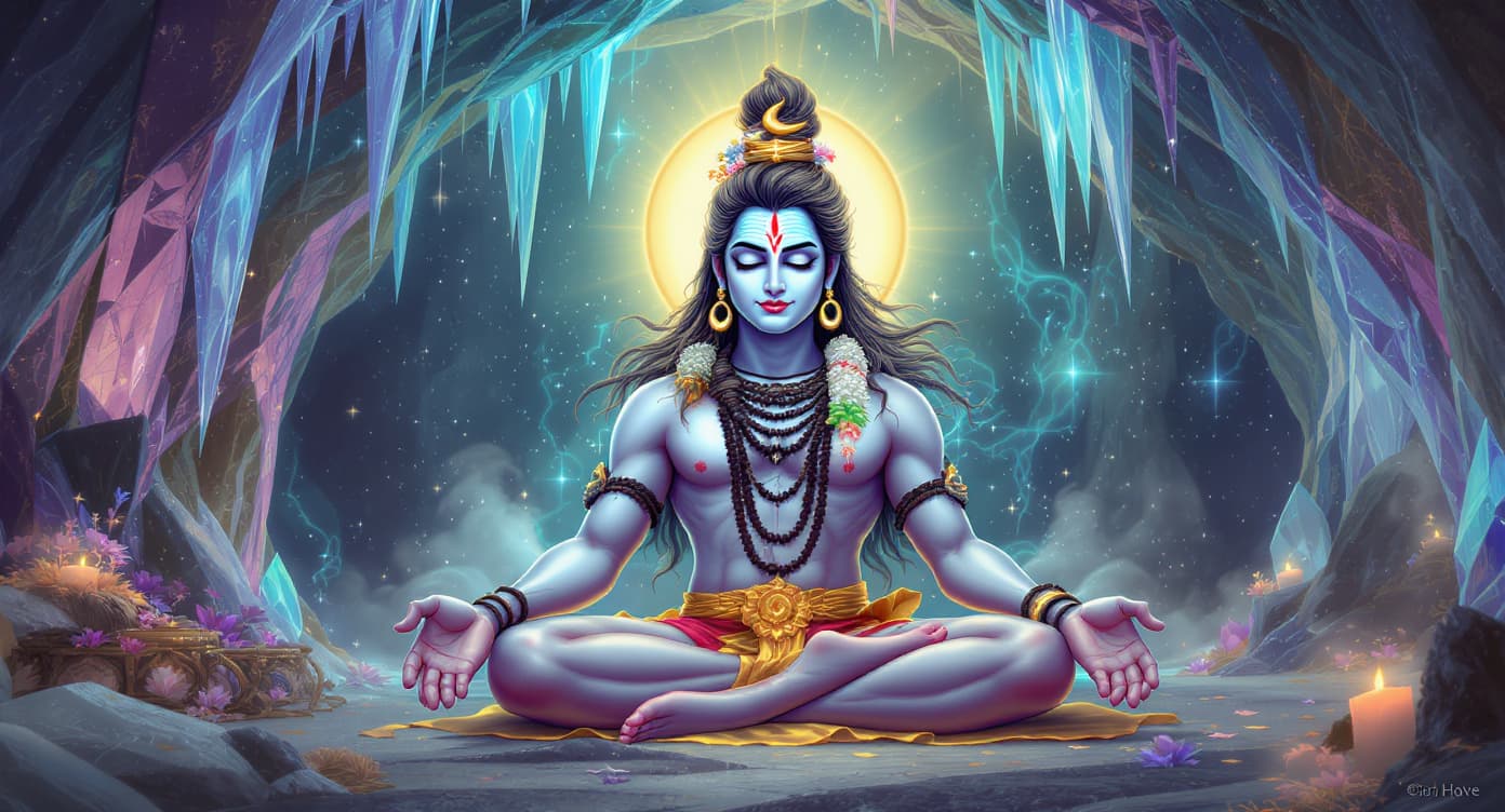 AI generated: Lord Shiva meditating inside a magnificent crystal cave. ash-white complexion with pale blue underto...