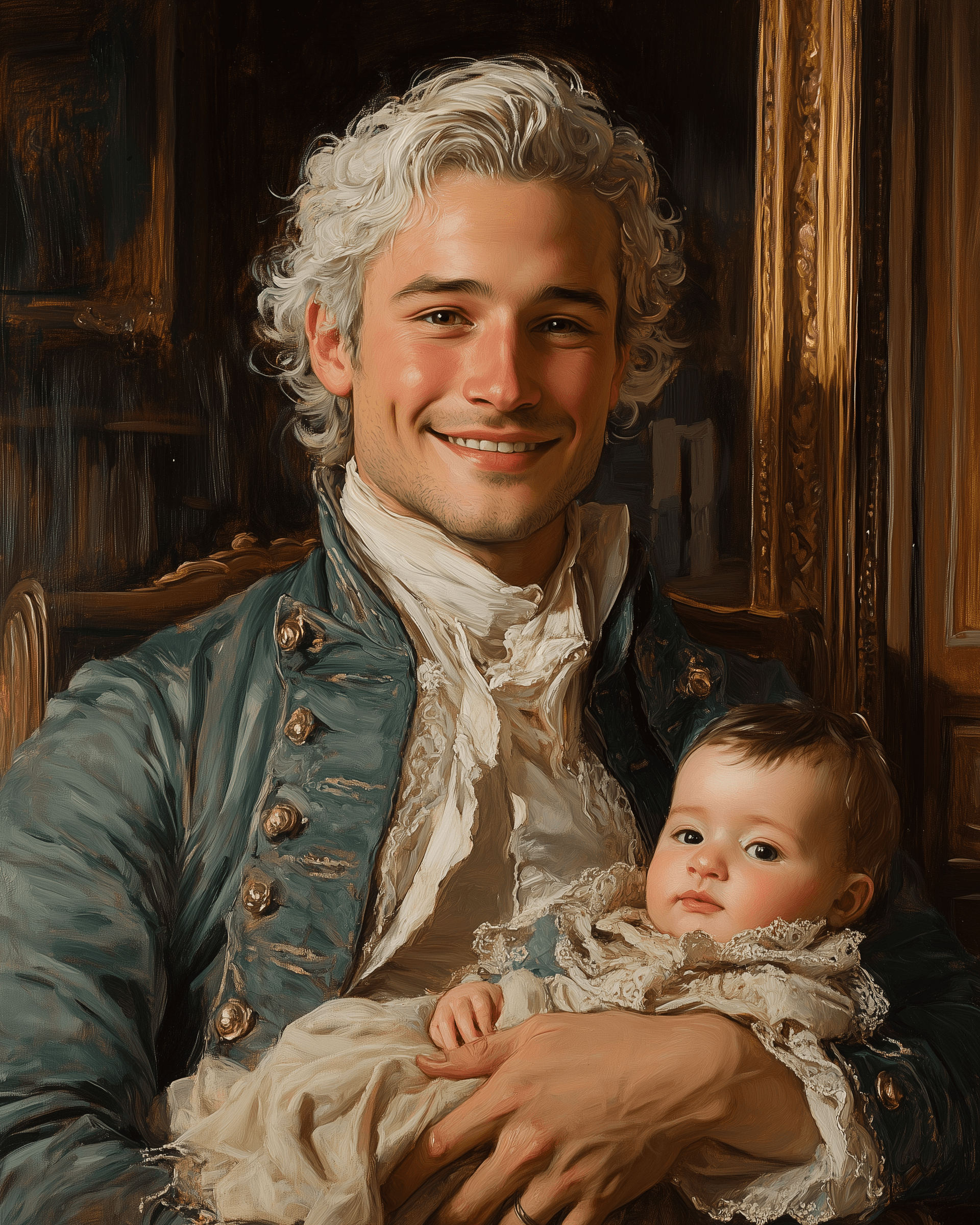 AI generated: Oil painting of a man in baroque with a white wig, smiling and holding a baby, in the baroque style,...