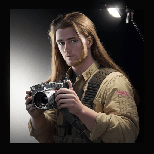 AI generated: hyper realistic photograph, photograph of an solder holding a film camera, he is in town, watching t...