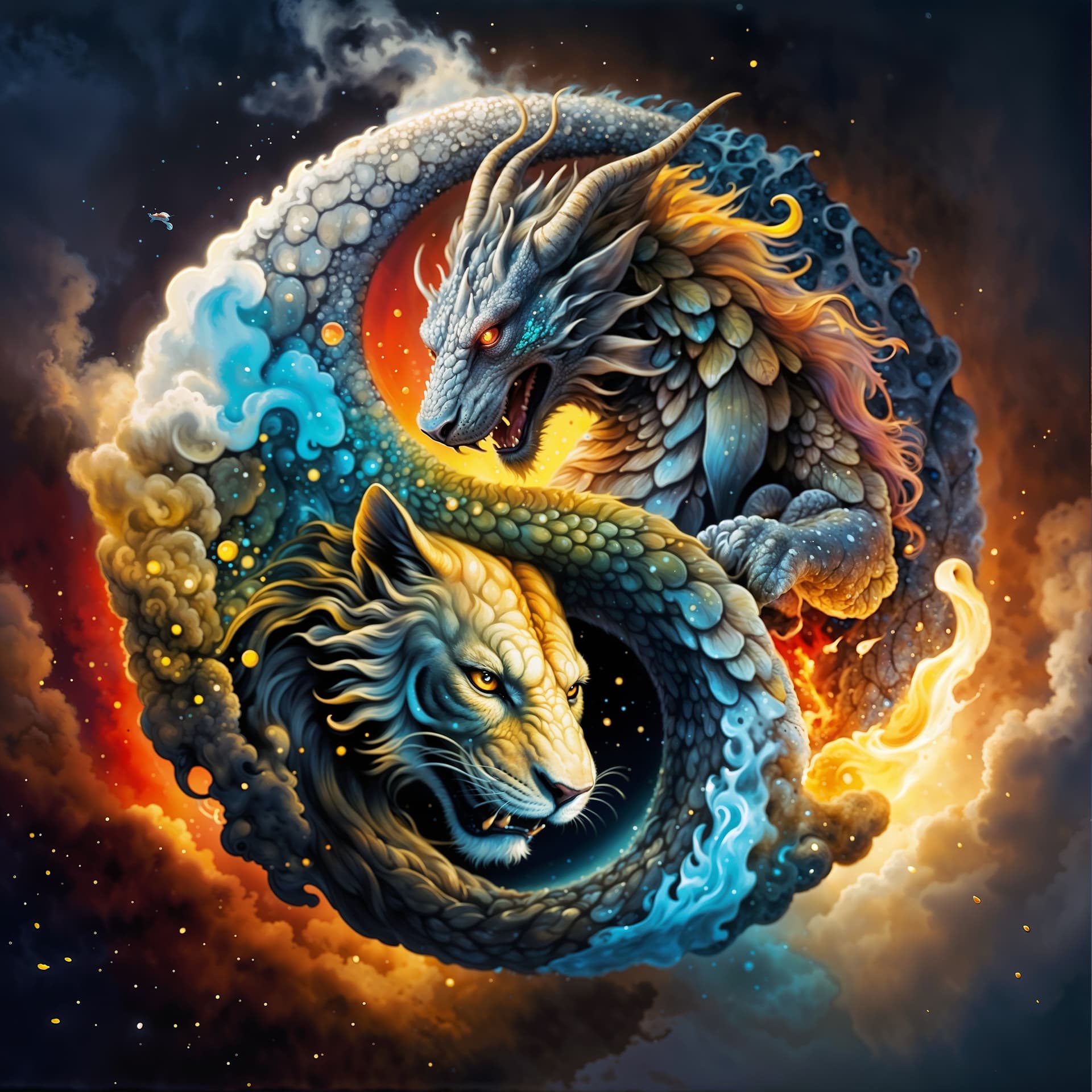 AI generated: A mesmerizing blend of dragon and lion, ethereal and shimmering, embodies a perfect balance of contr...