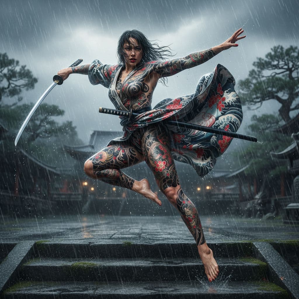 AI generated:  A beautiful Japanese female warrior, well endowed body, wearing a short kimono, blown wide open by ...