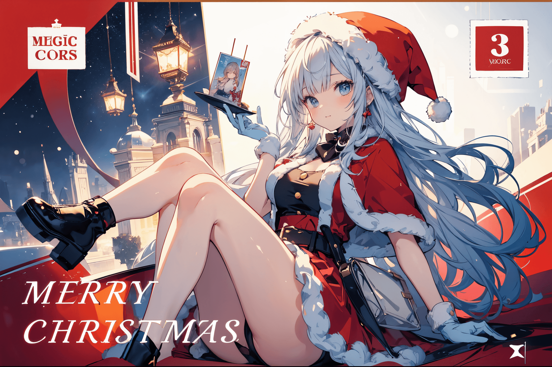 AI generated: masterpiece, Christmas theme postcard design, sleek design, modern design, postcard stamp, 1girl, dr...