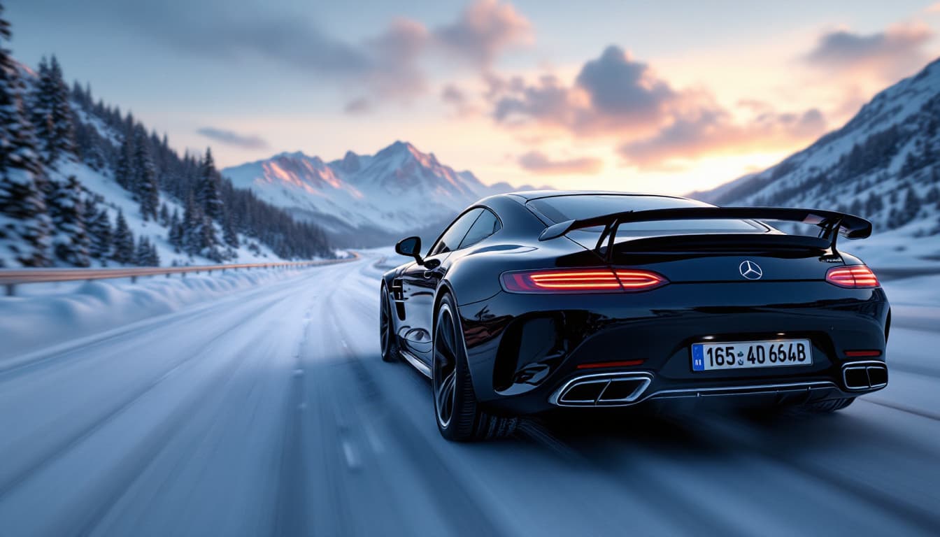 AI generated: hyper realistic luxury Mercedes driving sports black car on a snow highway