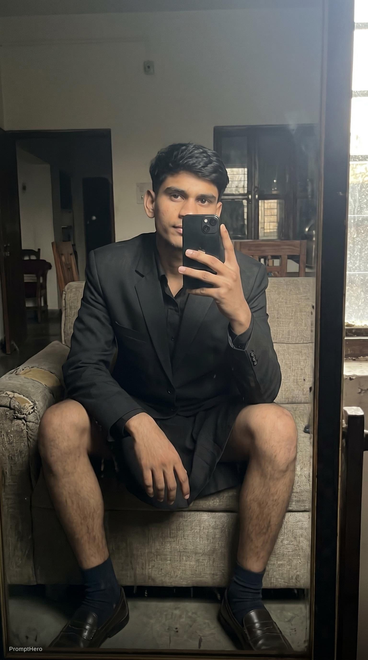 AI generated: An extremely ordinary iPhone mirror selfie photo with no clear subject or framing—just a casually ta...