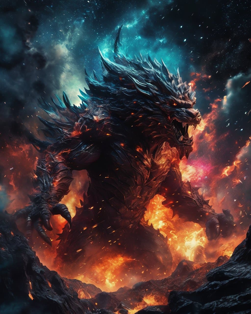 AI generated: An enraged monster incinerates everything in its path, unrestrained rage, unbridled anger, chaos aro...