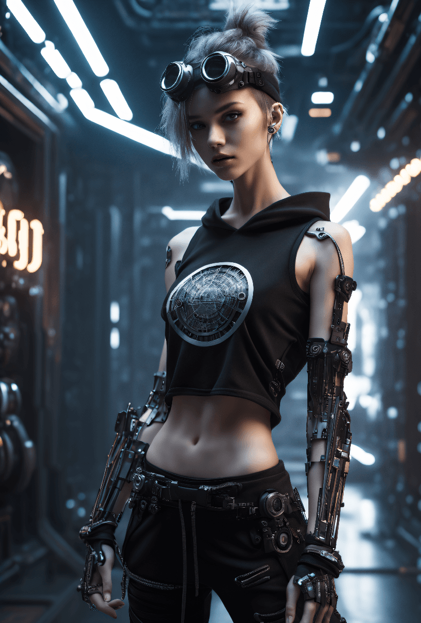 AI generated: biomechanical cyberpunk beautiful young, thin, fit, short messy hair, intrincate details, baggy pant...