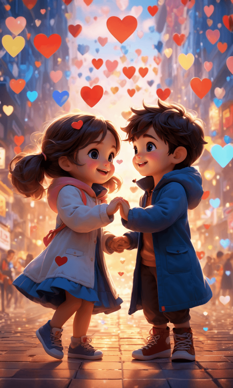 AI generated: anime art, adorable young couple showing affection and love, romantic, floating hearts, detailed, ci...