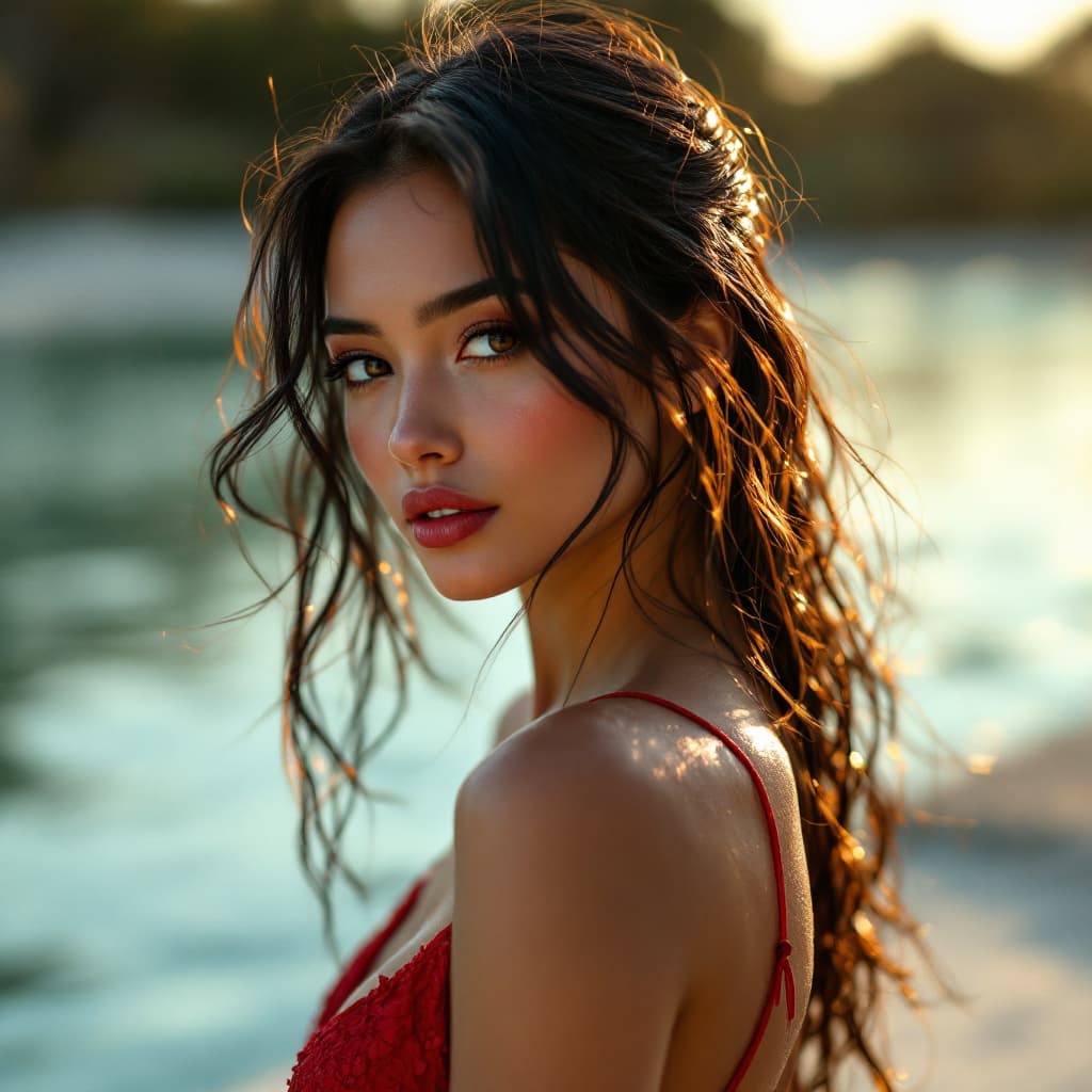 AI generated: Glam shot photo of a pretty lady, side view portrait, red dress, golden hour, digital colors, realis...