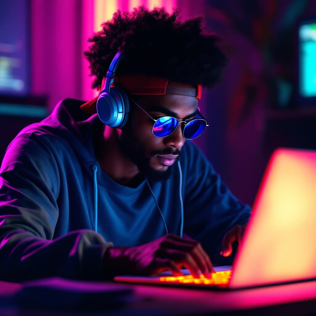 AI generated: Create a vibrant 8K anime image of a young black man with a stylish afro, wearing a red cap backward...