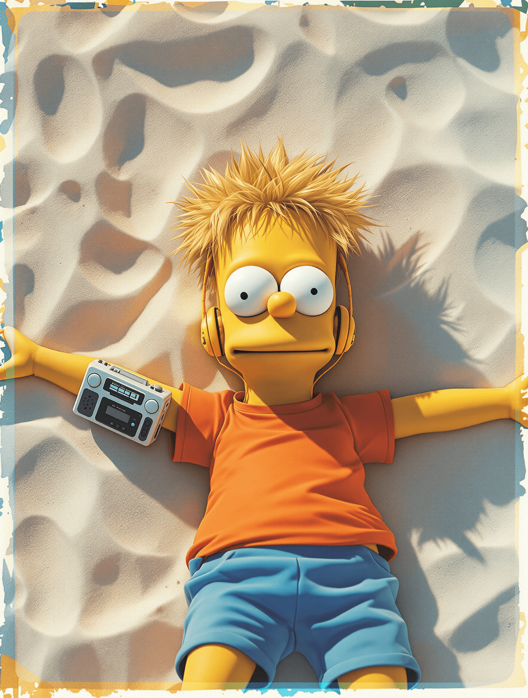 AI generated: Bart Simpson lounging on a sun-kissed beach, soaking up the warm rays and grooving to the tunes eman...