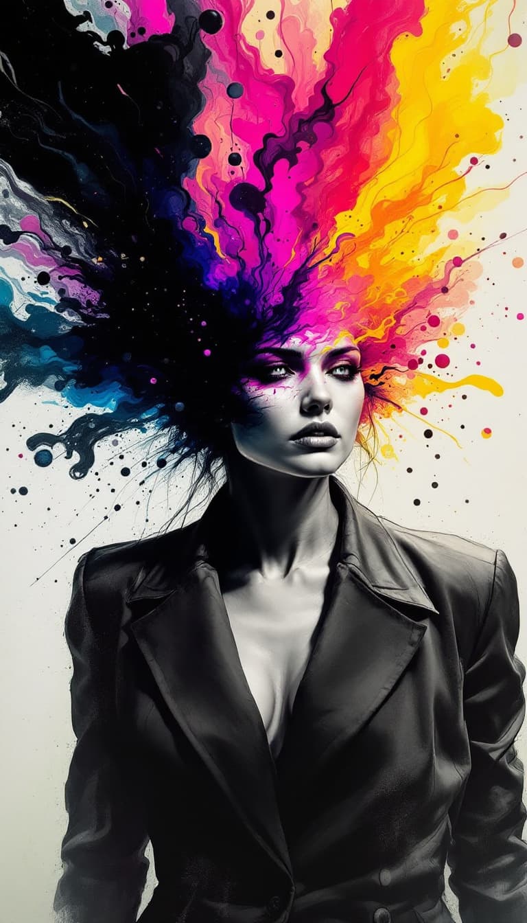 AI generated: 20. A dynamic, waist-up portrait of a woman, her face partially obscured by a vortex of swirling, vi...