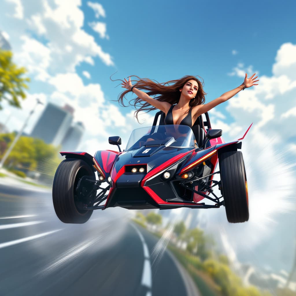 AI generated: YOUNG LATINA WITH LONG BROWN HAIR, FLYING IN A BLACK AND RED THREE-WHEELED SLINGSHOT. THE SLINGSHOT ...