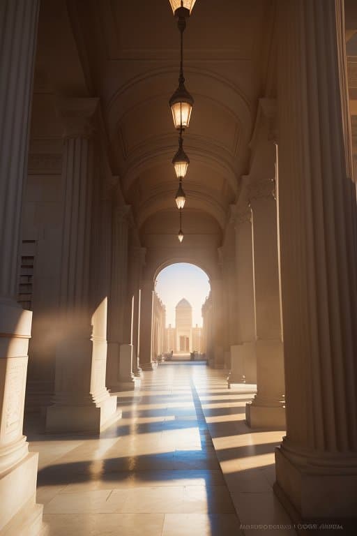 AI generated: Entrance of ancient library of Alexandria, pale sunrise in the background, realistic, ultra hd, glow...
