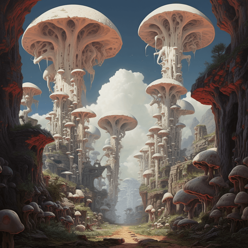 AI generated: an abstract painting of skulls and giant mushrooms, in the style of raphael lacoste, contemporary ta...