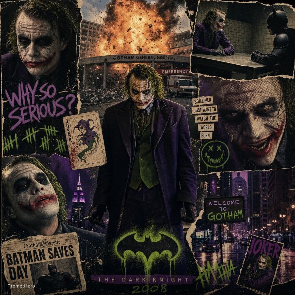 AI generated: A retro vintage collage design of Heath Ledger as the Joker. The central image shows him walking in ...