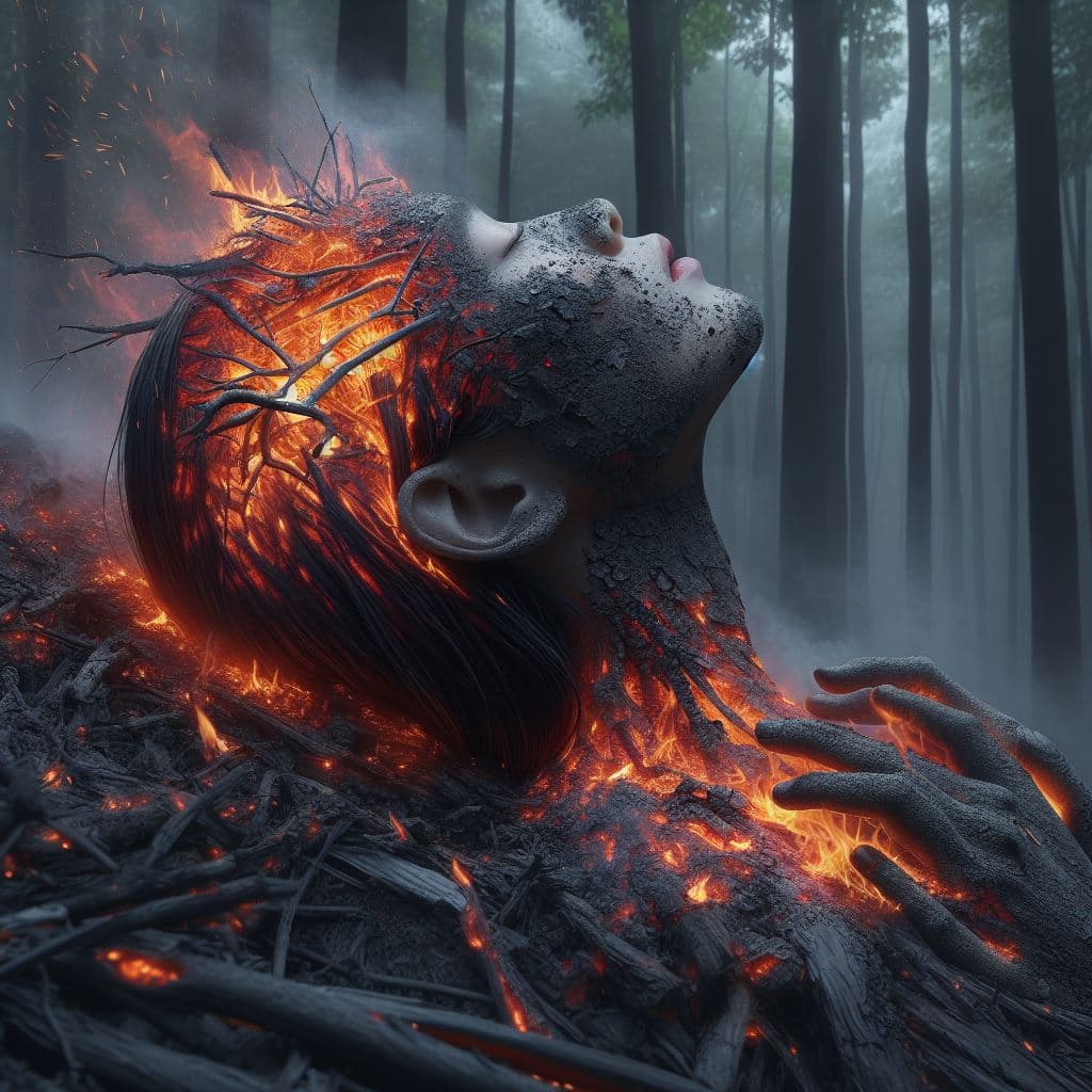 AI generated: realistic image of a womans head absorbing the embers of a forest fire from above