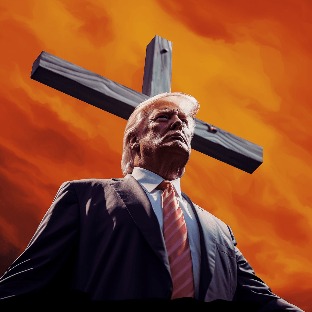 AI generated: orange colored jesus, donald trump, cross in background 