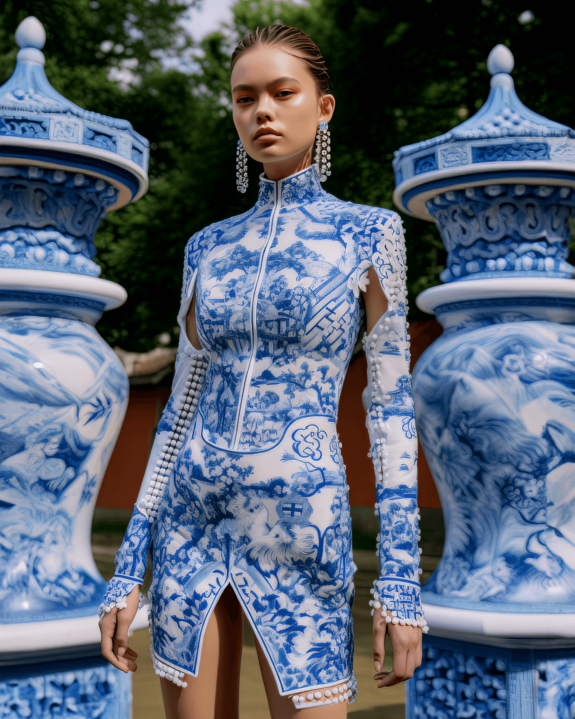 AI generated: A detailed image of a young professional fashion model with hair mimicking the texture of hard, shin...