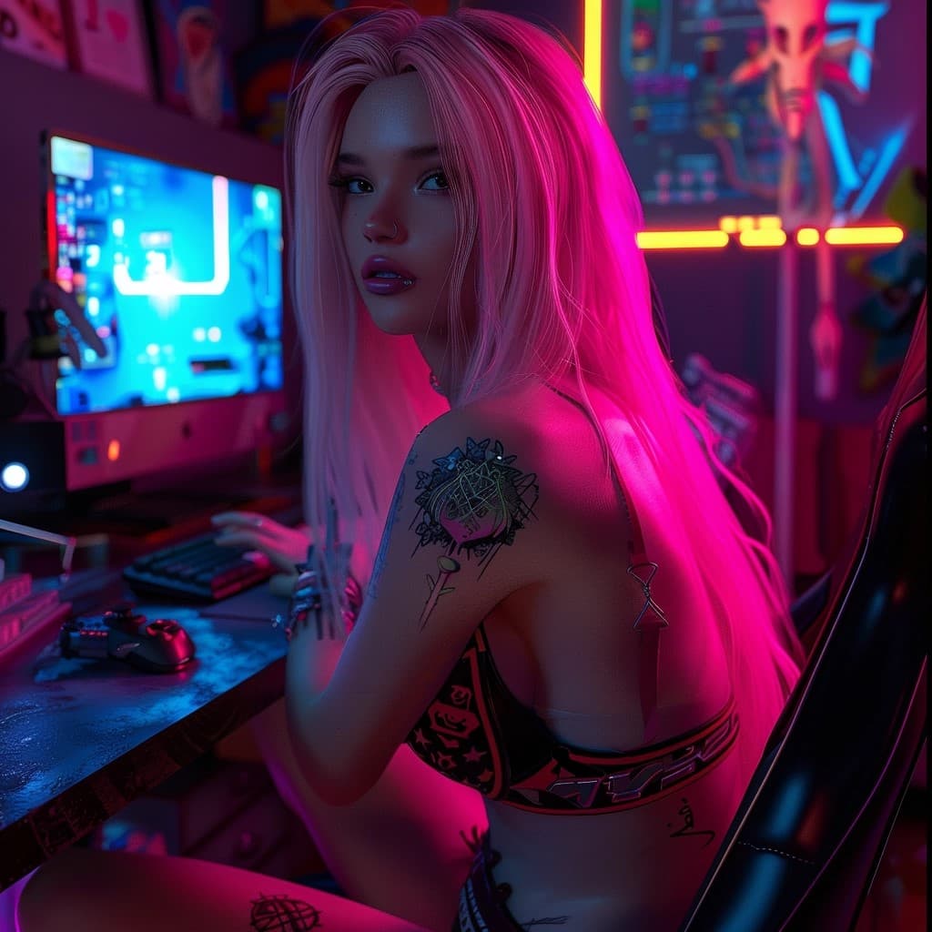 AI generated: amazingly detailed, masterpiece, ultra hd, full body, dynamic angle, beautiful girl, computer gamer,...