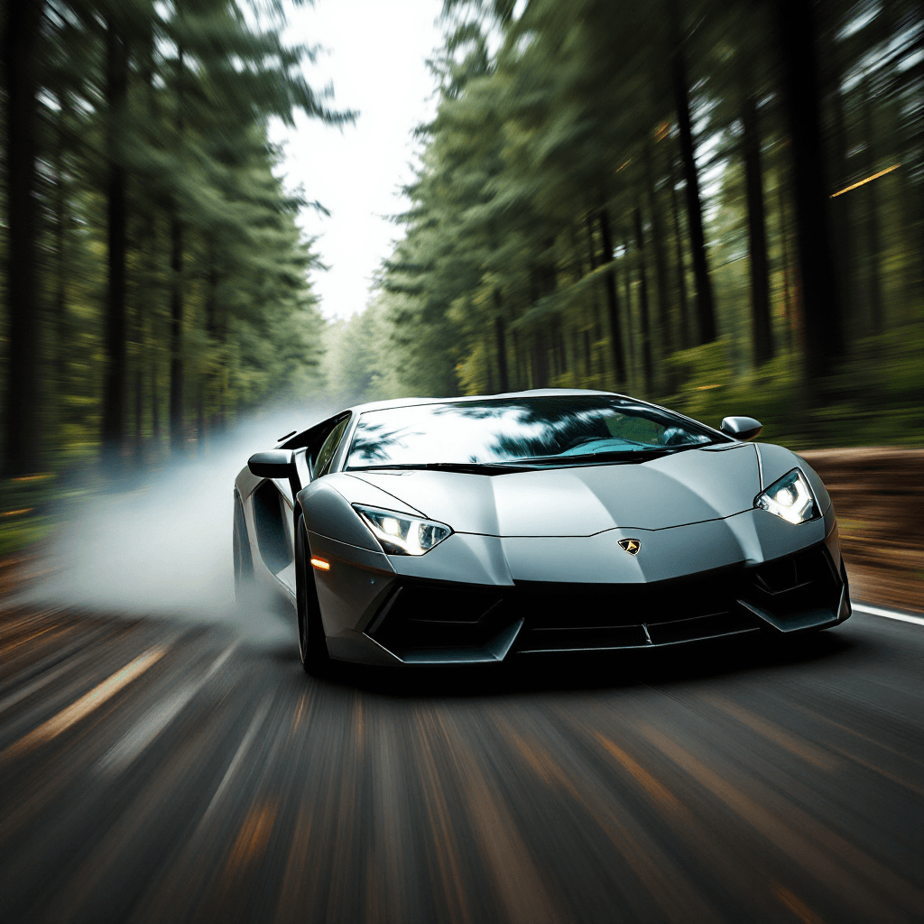 AI generated: A gray Lamborghini hurricane does drifts in a forest in the style of a grainy film filter effect. It...