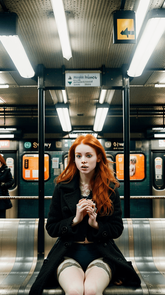 AI generated: A highly attractive ginger who is sitting the subway station. She is wearing lace underwear and a bl...