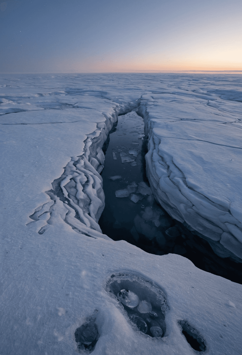 AI generated: highres,realistic,Tundra ice fields under early morning twilight. Root-like structures grow from the...