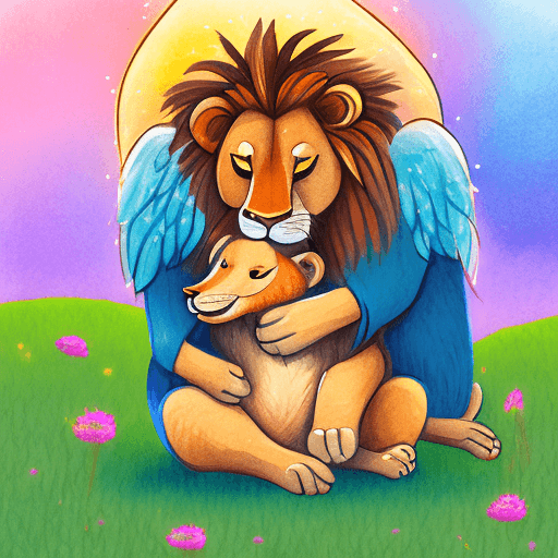 AI generated: An illustration of a lion with angel wings tenderly embracing a Grizzly bear in a children's book st...