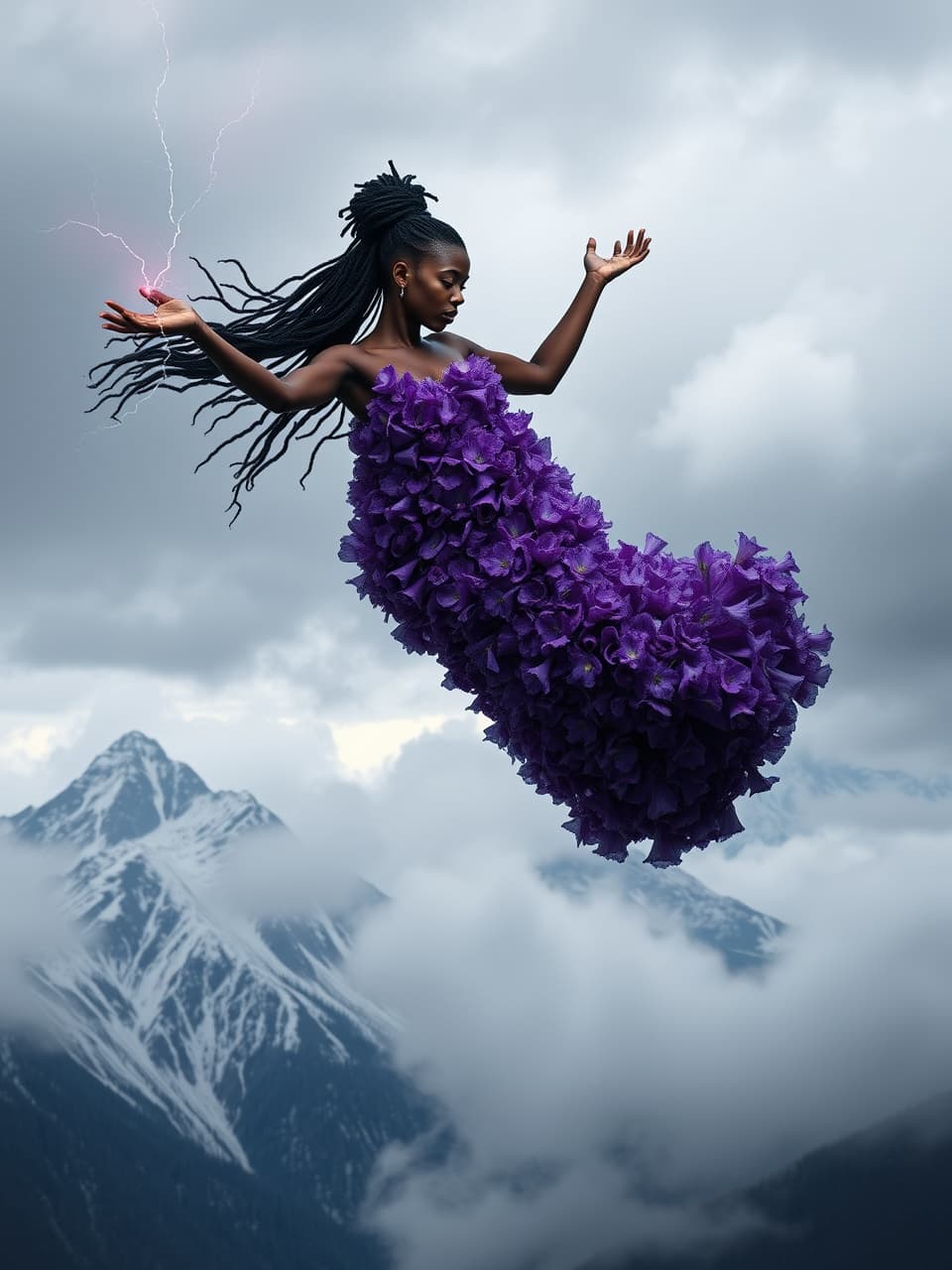 AI generated: African American woman flying above snow capped mountains, she’s wearing a purple gown made from rea...