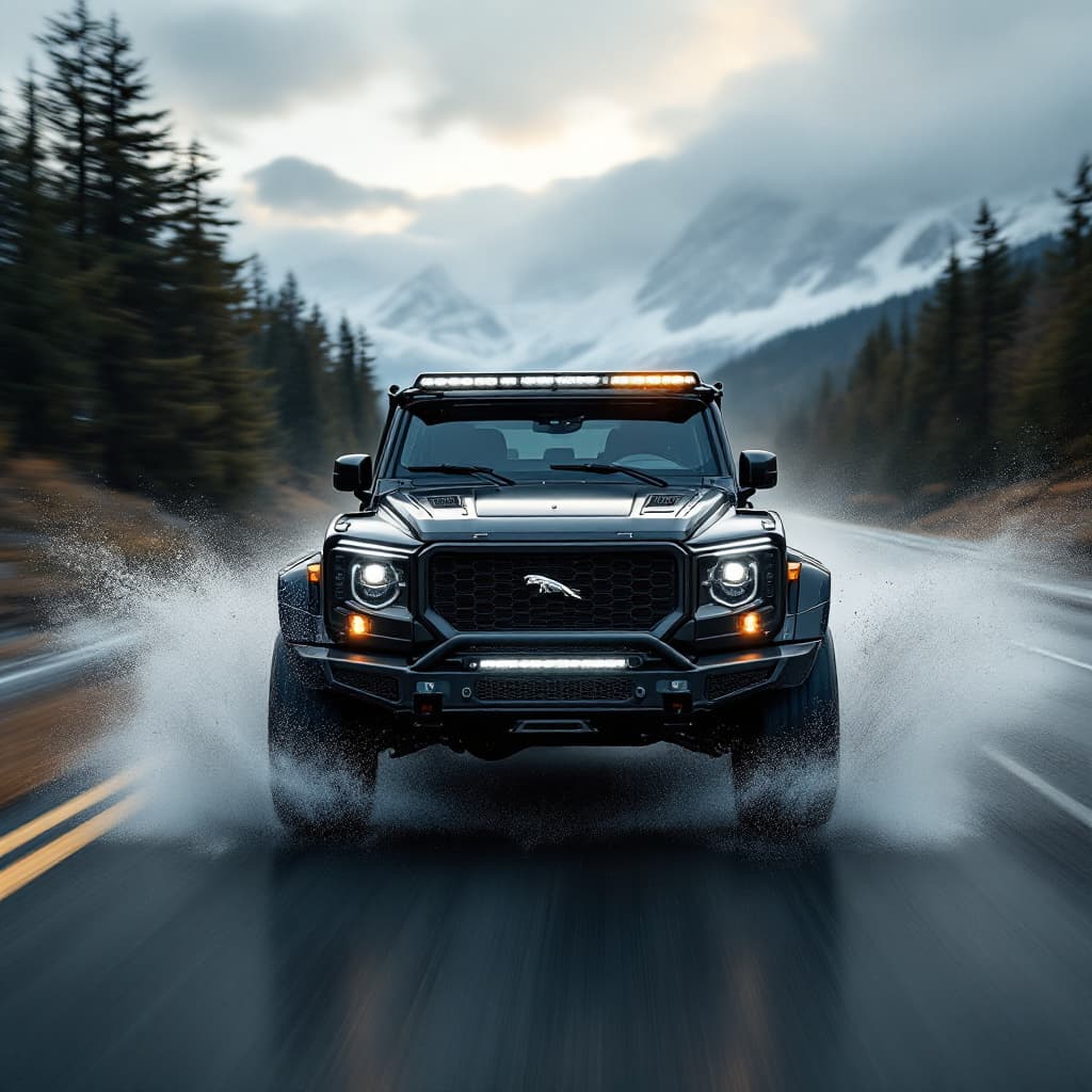 AI generated: photography, sports shooting, dynamic range, dynamic motion with 4x4 jaguar ftype monst
er truck dri...