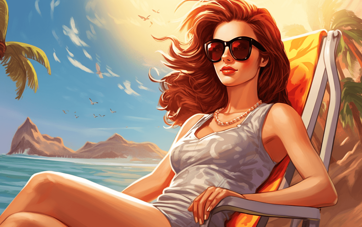 AI generated: Beautiful girl in sitting around in the sun on, in the style of anime art, vacation dadcore, photo -...