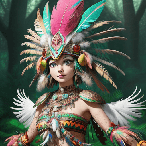 AI generated:  A bird with vibrant feathers, in a feathered headpiece, with sparkling eyes and a mischievous expre...