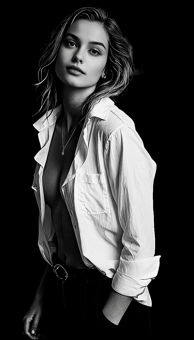 AI generated: A black and white image of a young woman with medium-length wavy hair. She wears a casual yet stylis...
