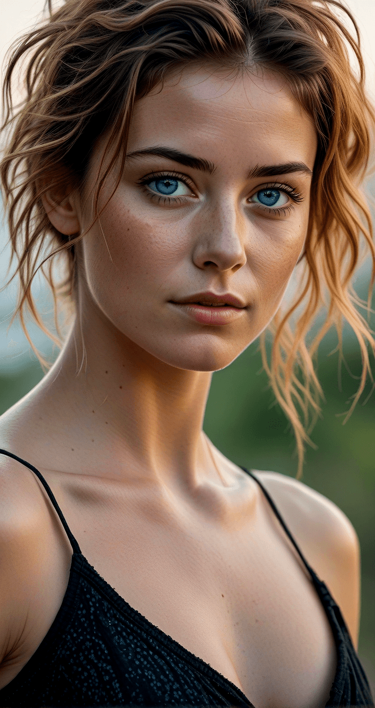 AI generated: An image of a woman with medium-length tousled hair and piercing blue eyes looking at the camera wit...