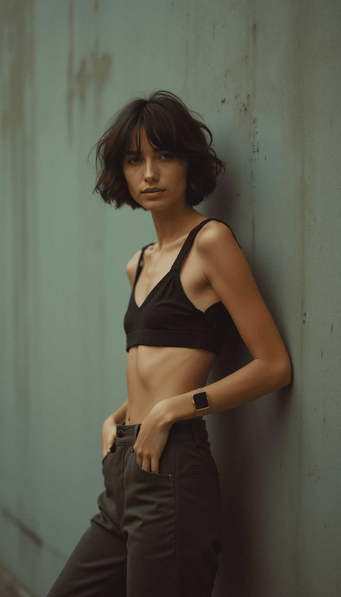 AI generated: cinematic photo Frame-filling slim fit woman with short disheveled hair gazing intensely at camera w...