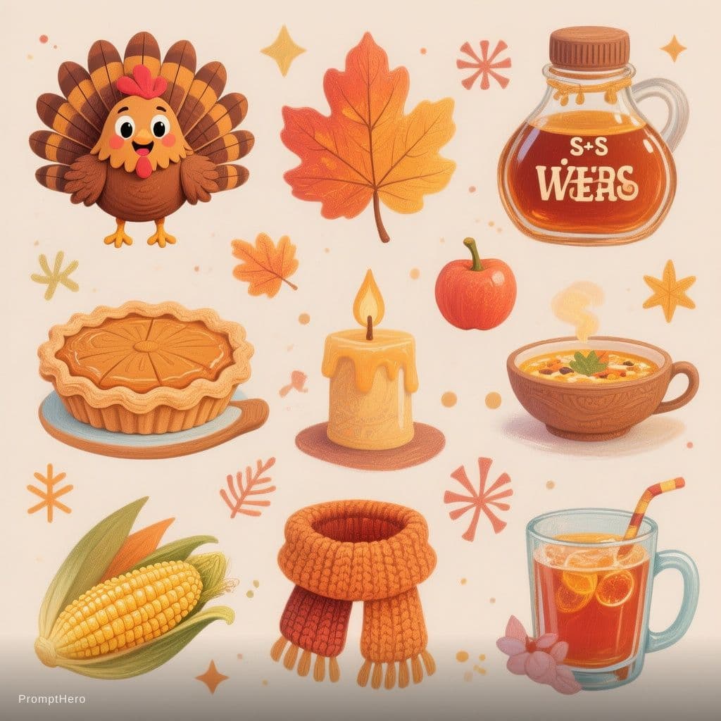 AI generated: “Set of 8–10 cute hand-drawn vector icons featuring Thanksgiving and cozy autumn celebration themes,...