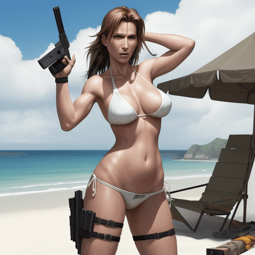 AI generated: Laura Croft depicted from playstion wearing white little string bikini flying on beach chair arms ex...