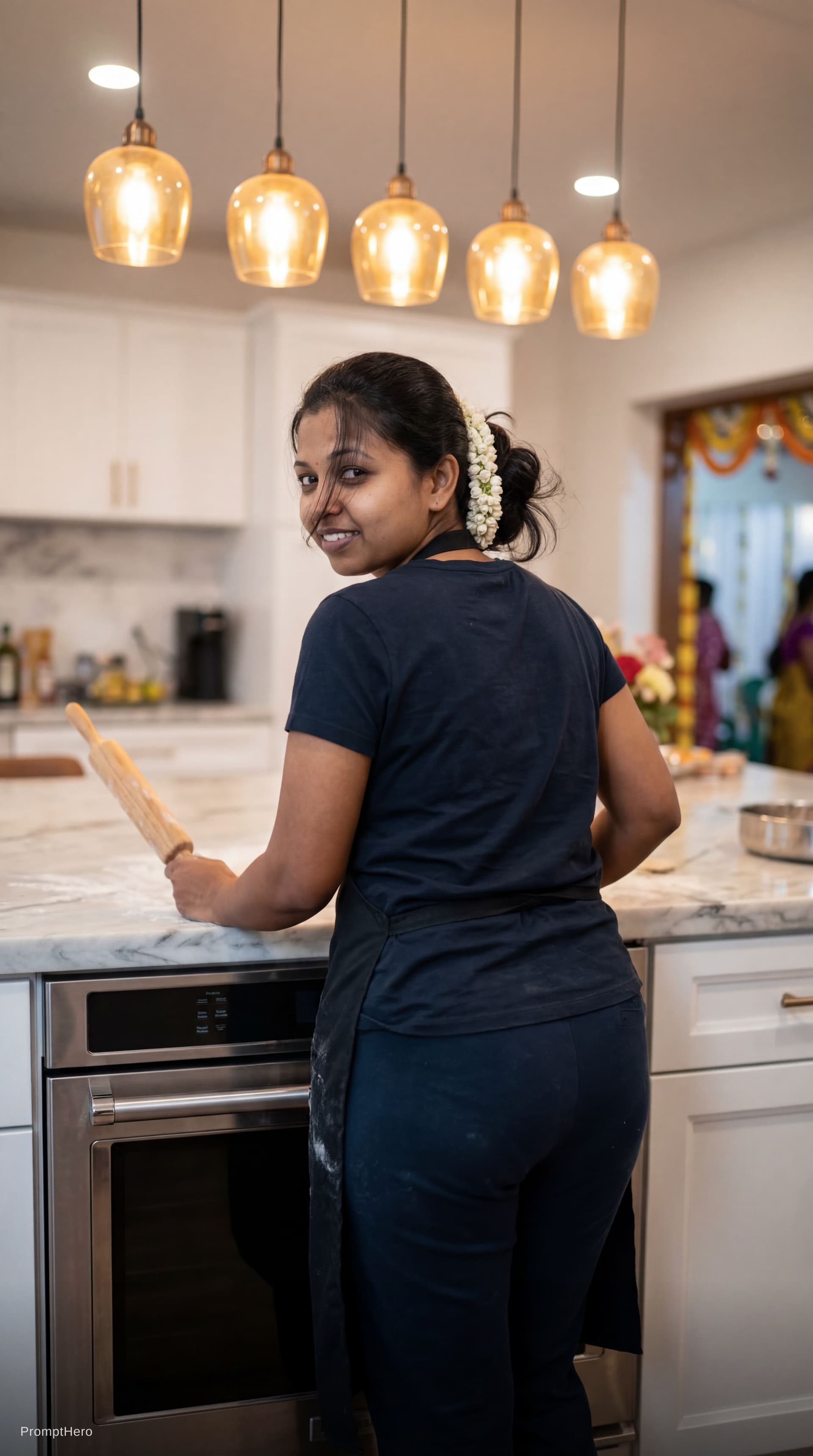 AI generated: Ultra-detailed realistic photograph. A trim and fit woman in a modern kitchen, viewed from a three-q...